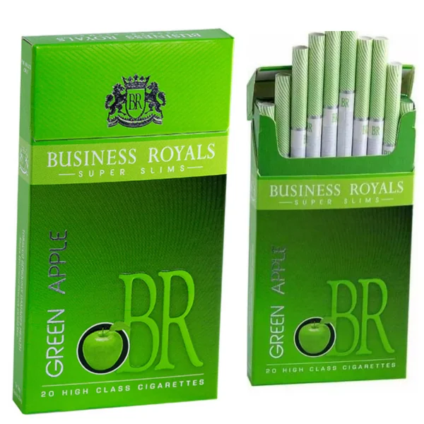 Business Royall BR Super Slim Green Apple Sigara, yeşil elma aromalı ince sigara, özel filtre tasarımı ile ferahlatıcı bir içim deneyimi sunar.