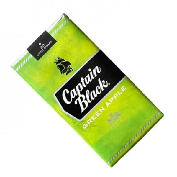 Captain Black Green Apple Sigara paketi, yeşil elma aromalı özel karışımı ve şık tasarımı ile dikkat çekiyor.