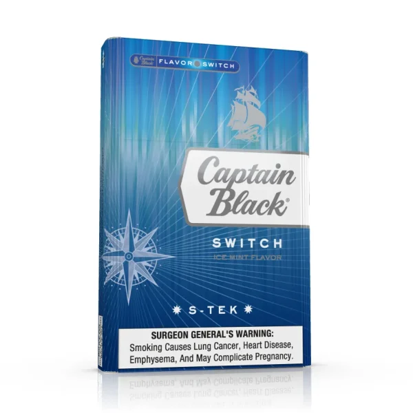 Captain Black Switch Ice Mint Slim Sigara paketi, ince tasarımı ve yoğun mentol ferahlığı ile dikkat çekiyor.