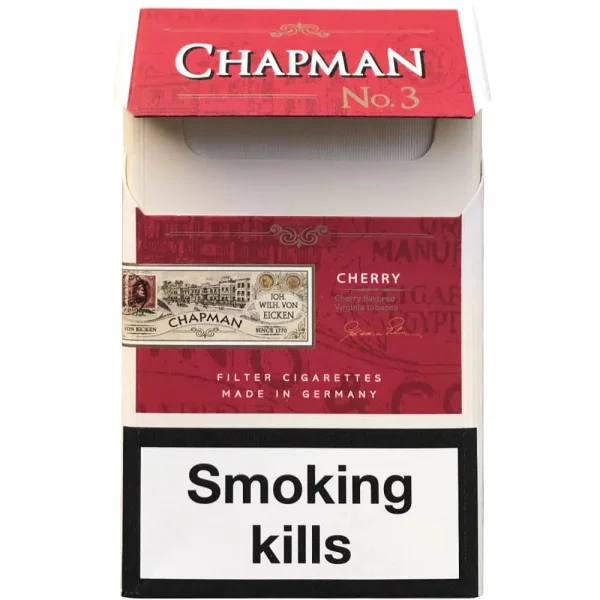 Chapman Cherry Sigara, tatlı kiraz aromasının hoş etkisini her içimde sunar. Kirazın tatlı ve meyvemsi dokunuşu, içimde zarif bir lezzet bırakır.