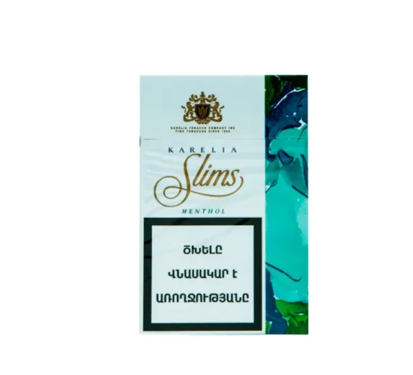 Karelia Menthol Slims Sigara paketi, mentol ferahlığı ve ince tasarımı ile dikkat çekiyor.