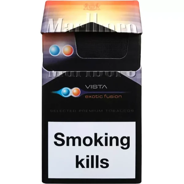 Marlboro Vista Exotic Fusion Sigara paketi, egzotik meyve ve mentol aroması ile dikkat çekiyor.