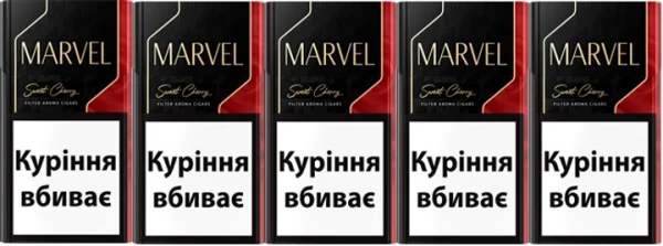 Marvel Black Red Sweet Cherry Sigara paketi, kiraz aroması ve şık siyah-kırmızı tasarımı ile dikkat çekiyor.