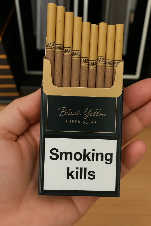 Marvel Black Yellow Superslim Sigara paketi, vanilya aroması ve ince tasarımı ile dikkat çekiyor.