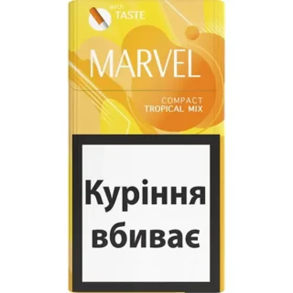 Marvel Compact Tropical Mix Sigara paketi, tropikal meyve aroması ve kompakt tasarımı ile dikkat çekiyor.