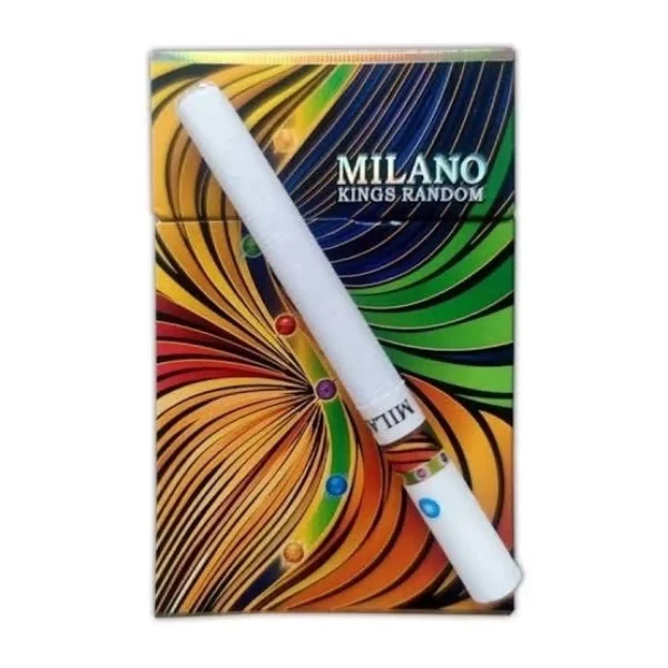 Milano Kings Random Sigara paketi, 6 farklı aromayı bir arada sunan özel bir tasarıma sahiptir. Bu görsel, ürünün çeşitliliğini ve şık ambalajını yansıtmaktadır.