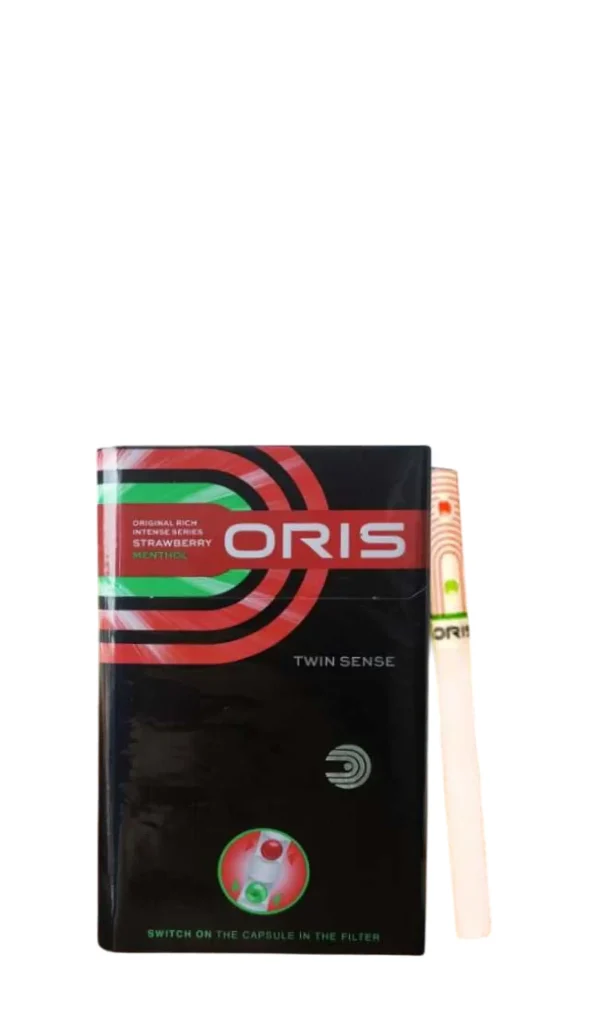 Oris Twin Sense Strawberry Sigara, çilek ve mentol aromalı ince sigara, özel filtre tasarımıyla tatlı ve ferahlatıcı bir içim deneyimi sunar.